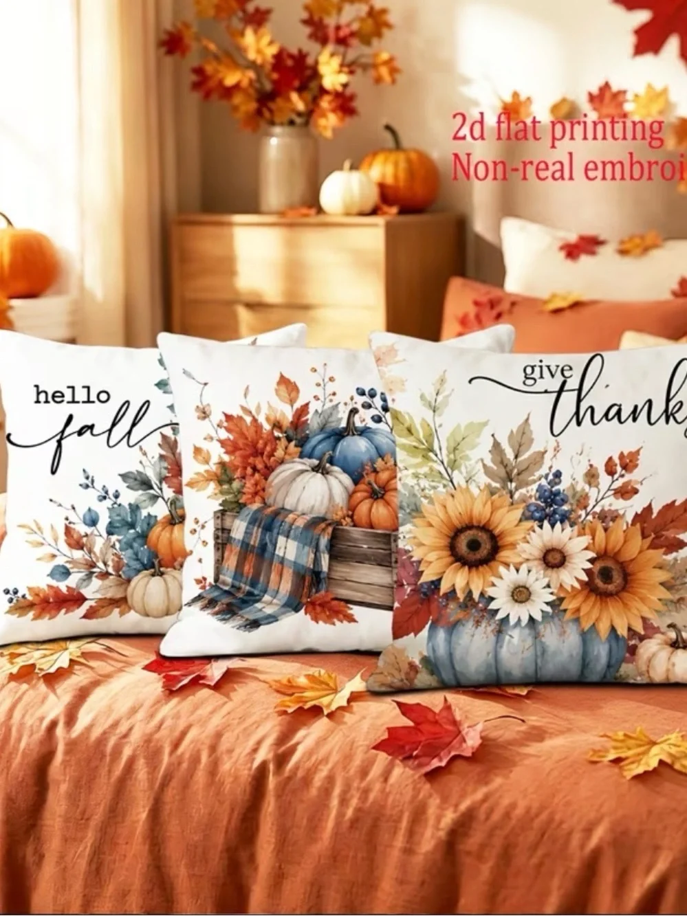 🆕 4 pc Autumn Blessings Fall Pumpkin Pillow Cover Set - Blue & Orange